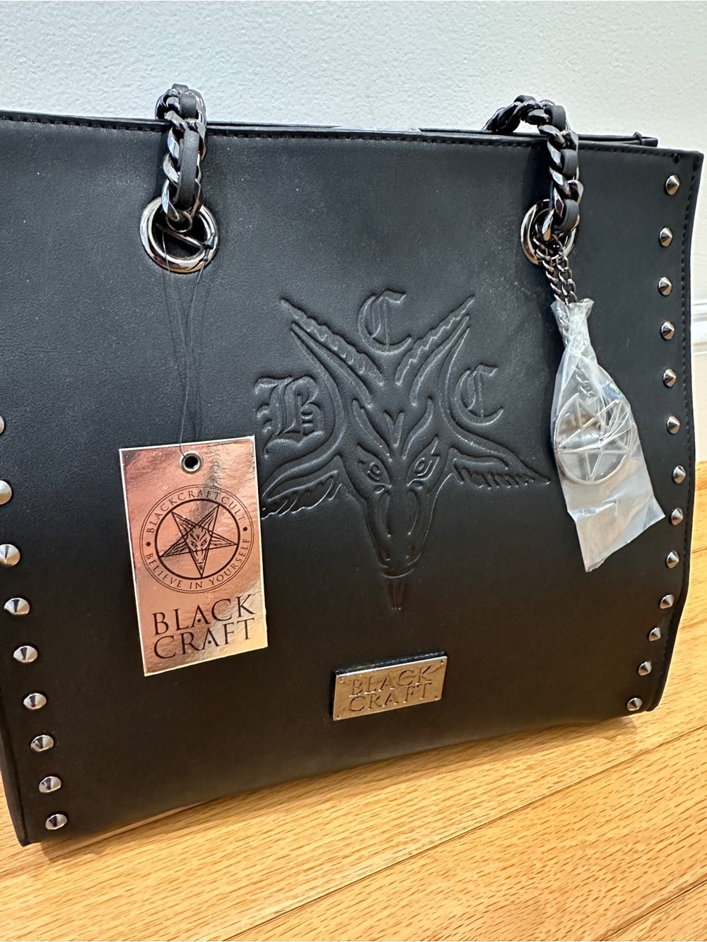 NWT Blackcraft Black Studded Shoulder Bag with Chain Handles - Picture 2 of 12
